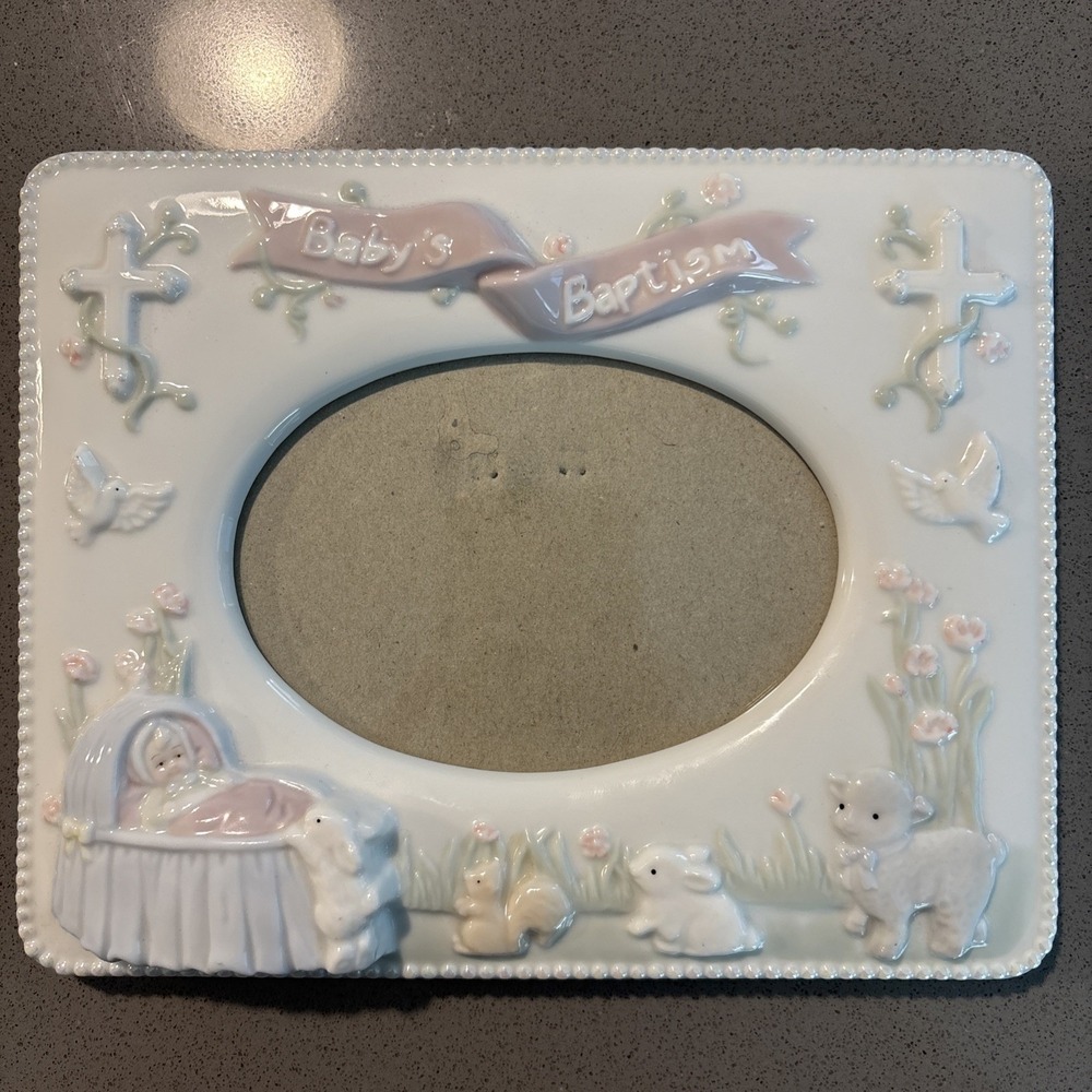 Russ Berrie Baby's Baptism Porcelain 4x6" Photo Frame Pink/Girl Vintage
